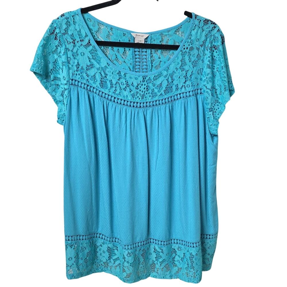 Ariat Blue Lace Crochet  Boho Chic Short Sleeve Top Womens Size Large
